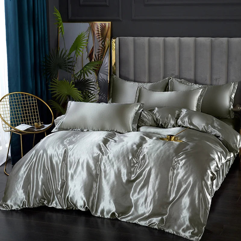 Luxurious pink glossy satin duvet cover bedroom bedding set