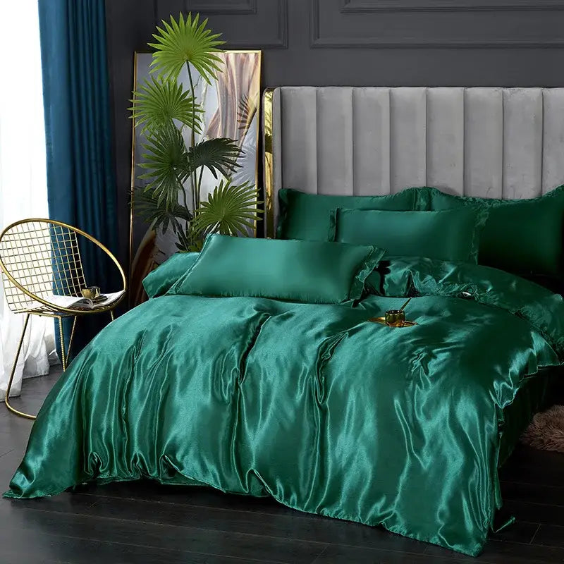 Luxurious teal satin duvet cover bedroom bedding set