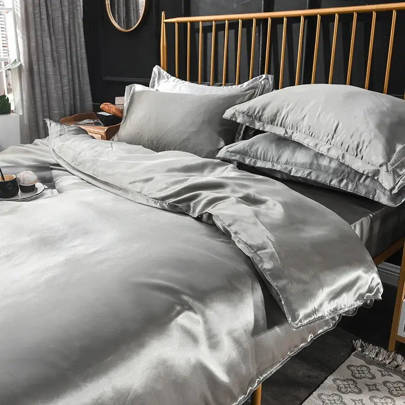 Luxurious teal satin silk bedding set bedroom glossy finish