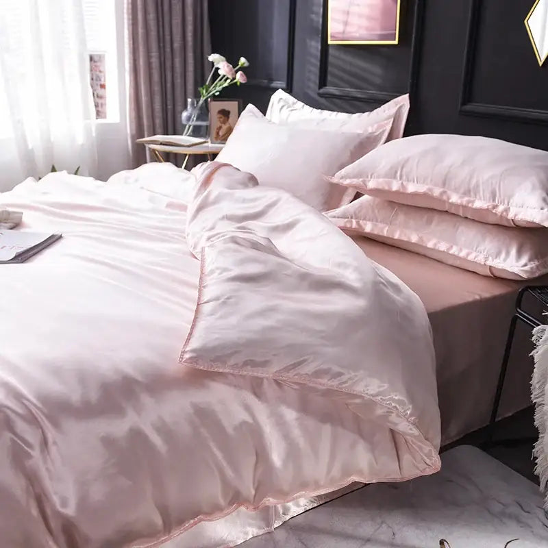Luxurious cream satin silk bedding set for bedroom stitched edges