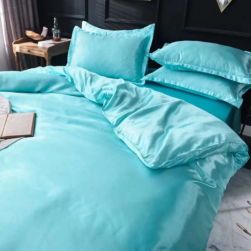Luxurious teal satin silk bedding set bedroom glossy finish