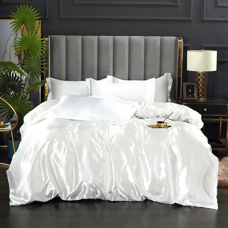 Luxurious white satin duvet cover set bedroom silk bedding