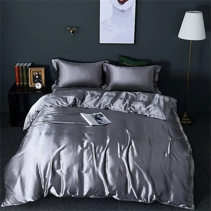 Luxurious silver satin duvet cover bedroom bedding set