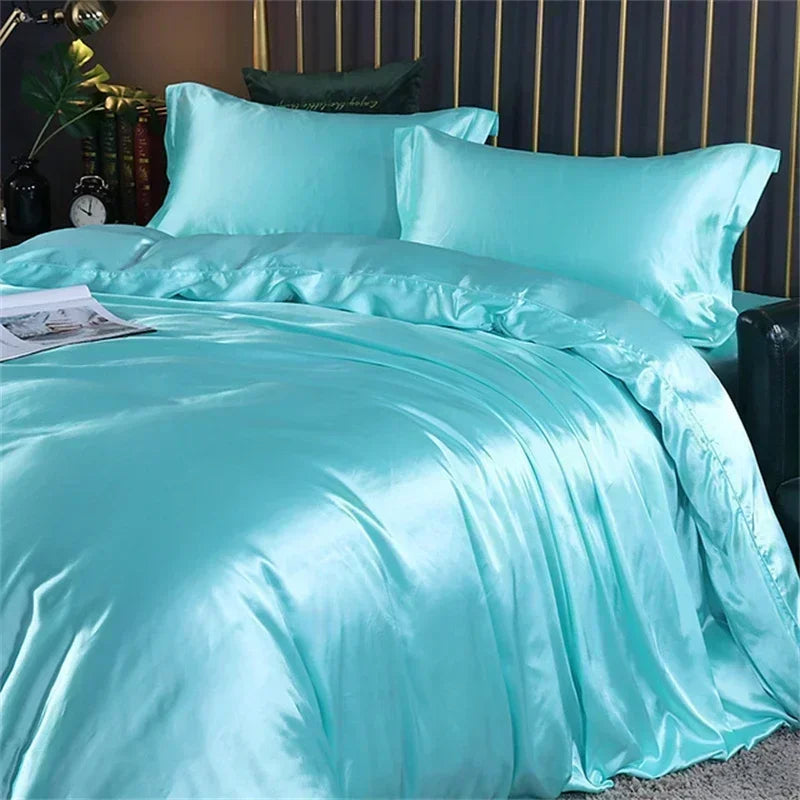 Luxurious emerald green satin bedding set with duvet cover bedroom