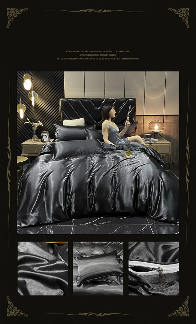 Luxurious silver satin duvet cover bedroom bedding set