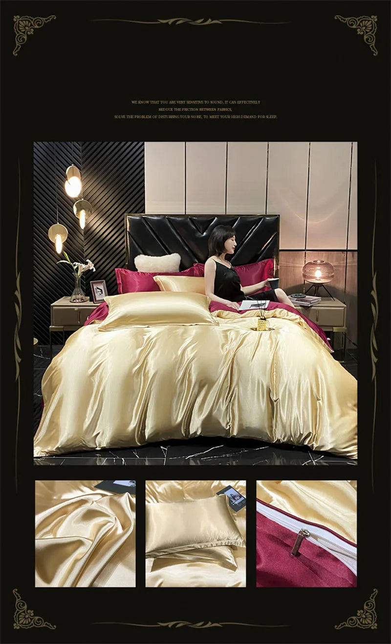 Luxurious deep blue & gold satin duvet cover bedroom bedding set