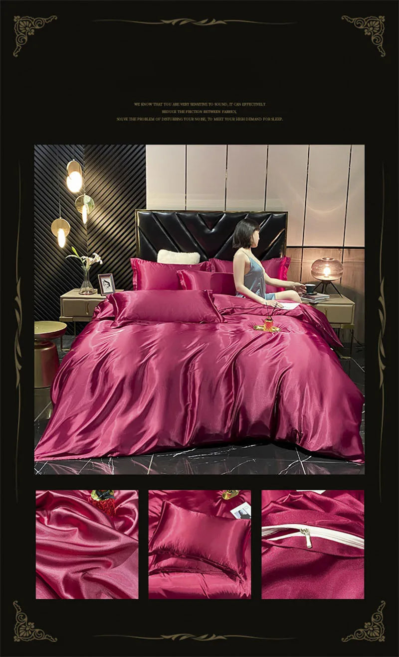 Pink glossy satin ruffled bedding set with fitted sheet bedroom