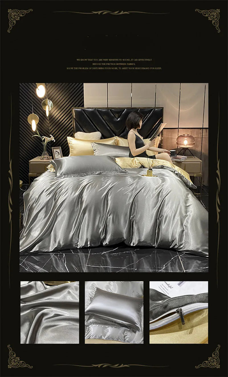 Pink glossy satin ruffled bedding set with fitted sheet bedroom