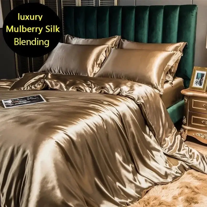 Luxurious teal satin bedding set with duvet cover for bedroom