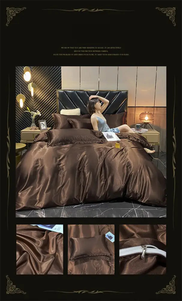 Luxurious emerald green & cream satin duvet cover bedding set bedroom