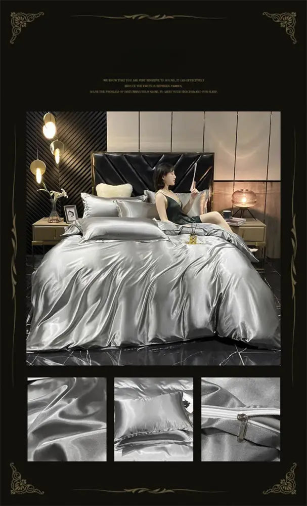 Luxurious emerald green & cream satin duvet cover bedding set bedroom