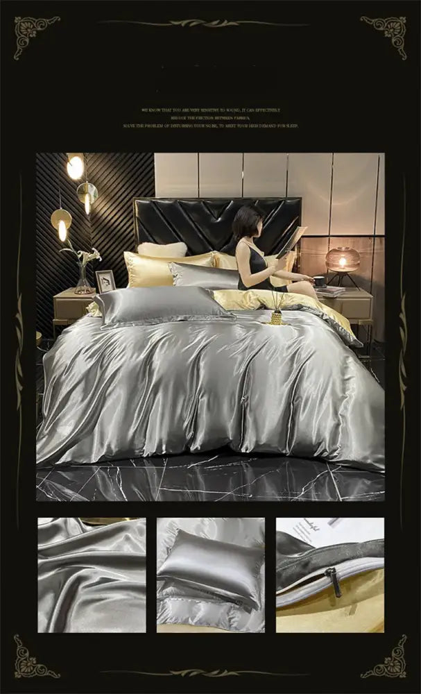 Luxury silver & gold satin duvet cover bedding set for bedroom