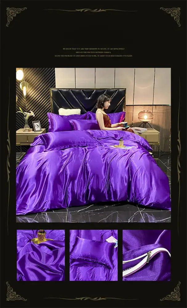 Luxurious deep blue & gold satin duvet cover bedroom bedding set