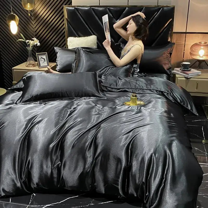 Luxurious burgundy satin duvet cover bedroom bedding set
