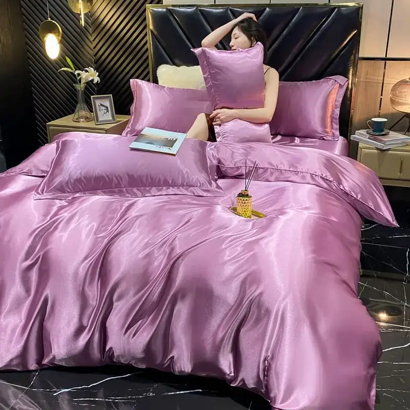 Luxurious burgundy satin duvet cover bedroom bedding set