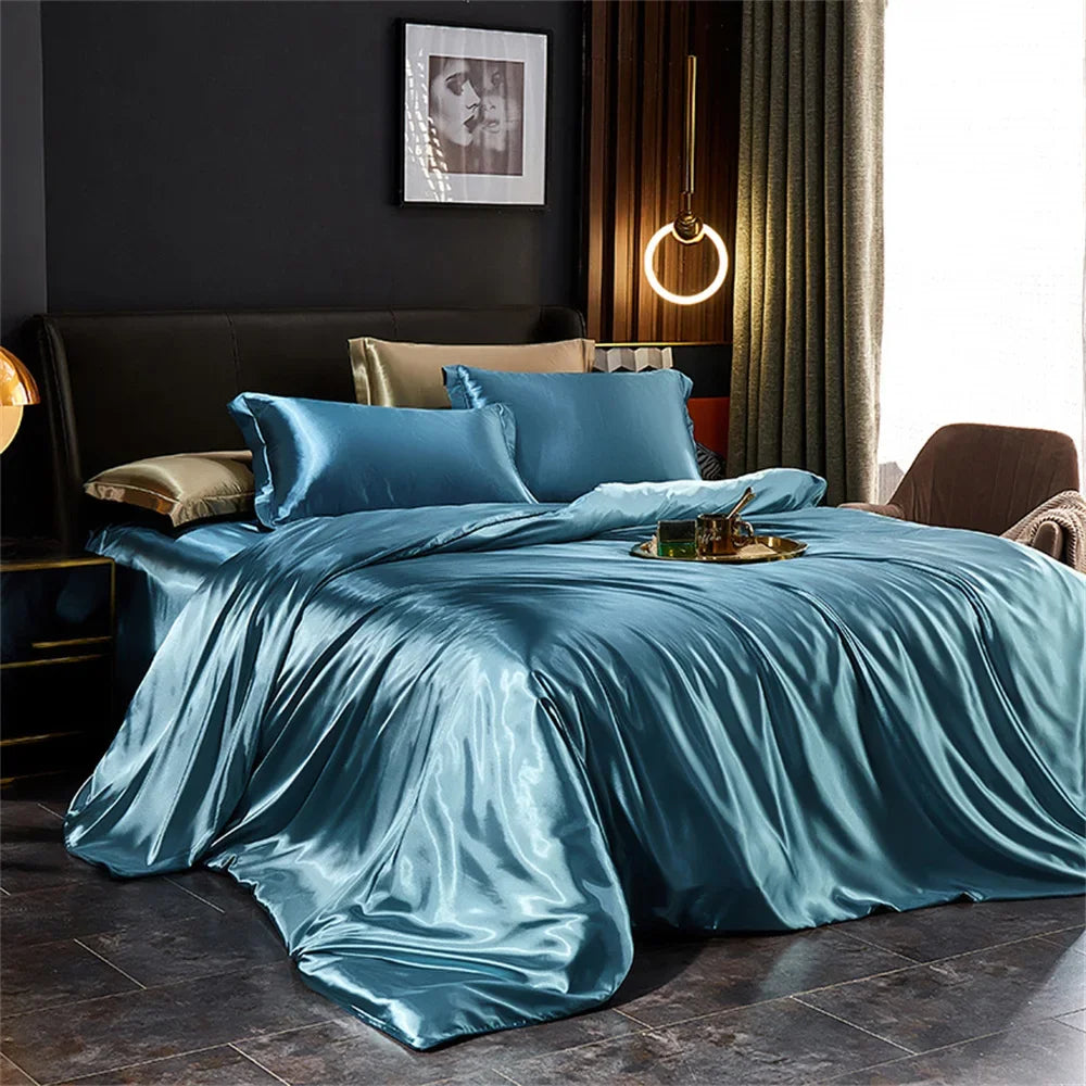 Luxurious silver silk duvet cover bedding set bedroom decor
