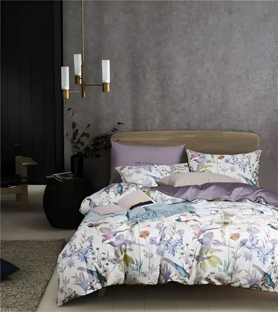 Luxury dark gray egyptian cotton hummingbird duvet cover bedroom set