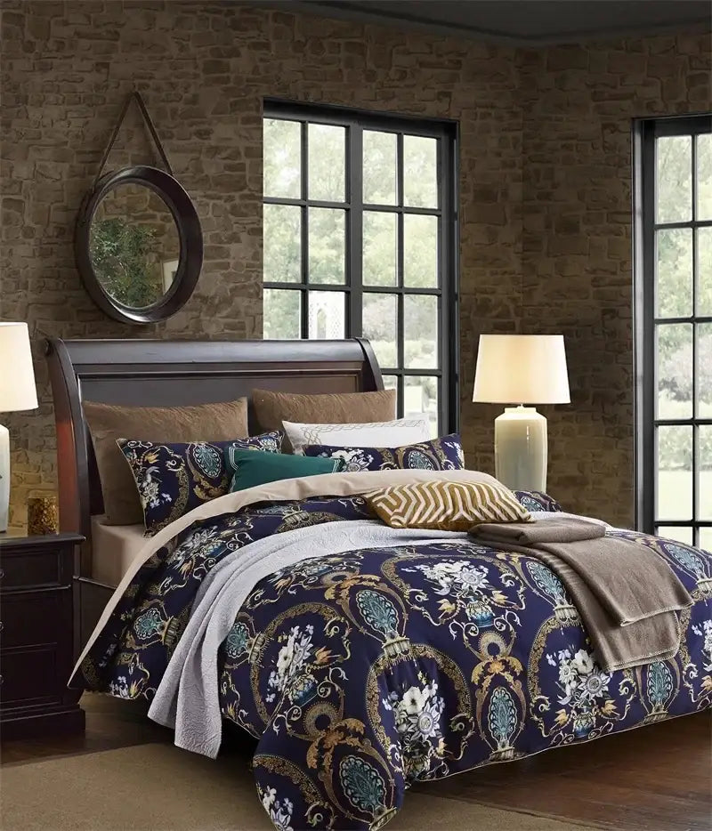 Navy blue feather egyptian cotton duvet cover set bedroom bedding