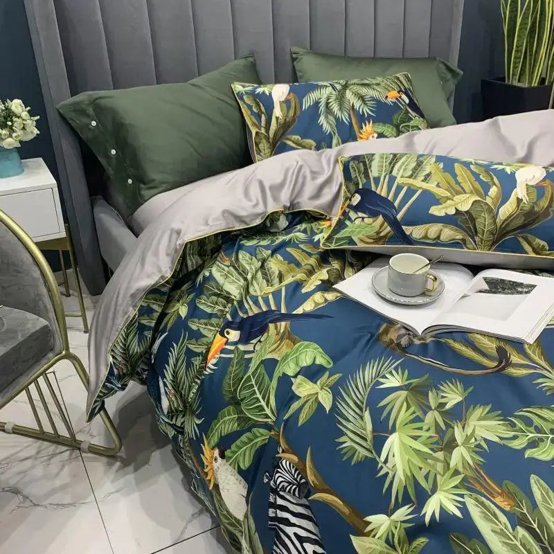 Tropical flamingo navy blue duvet cover bedroom bedding set