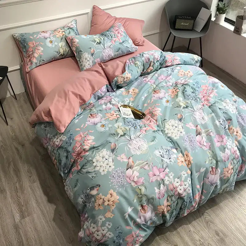 Luxury dark gray egyptian cotton hummingbird duvet cover bedroom set