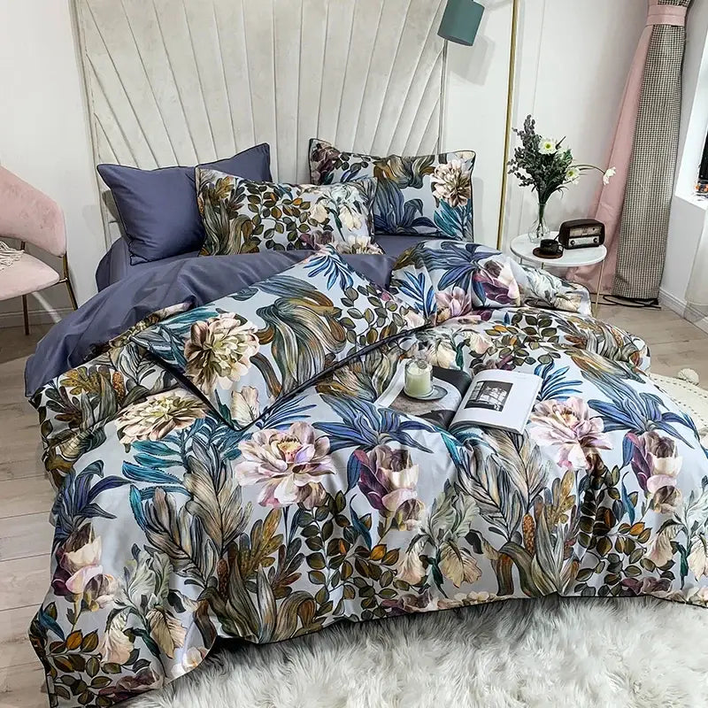 Navy blue feather egyptian cotton duvet cover set bedroom bedding