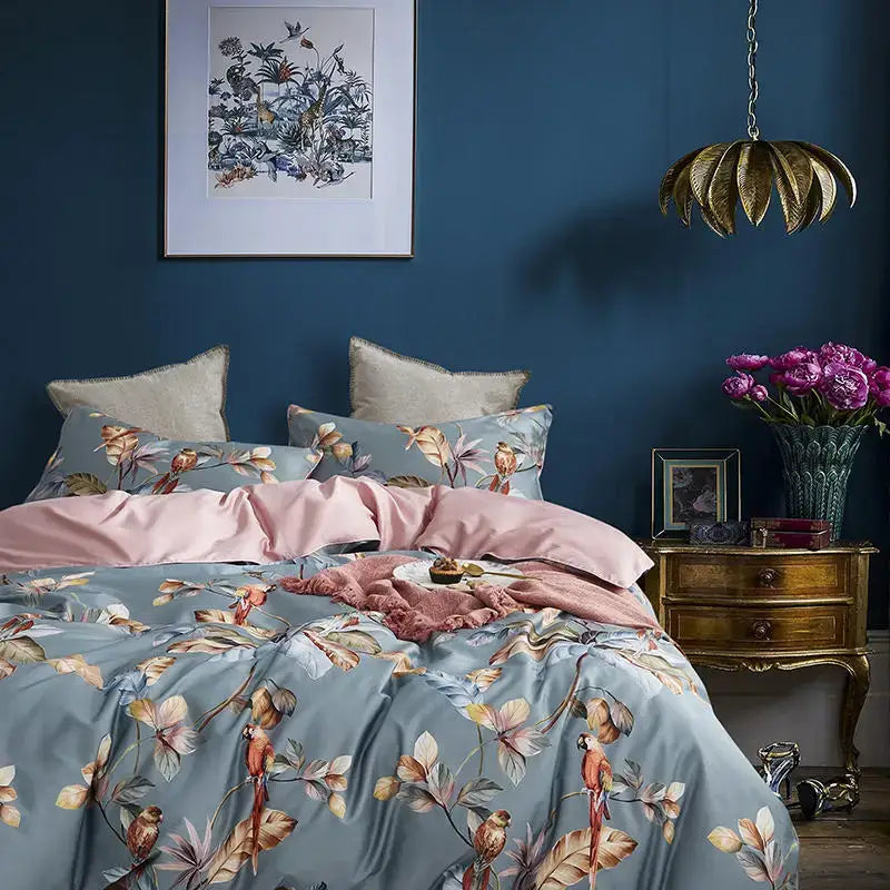 Navy blue feather egyptian cotton duvet cover set bedroom bedding