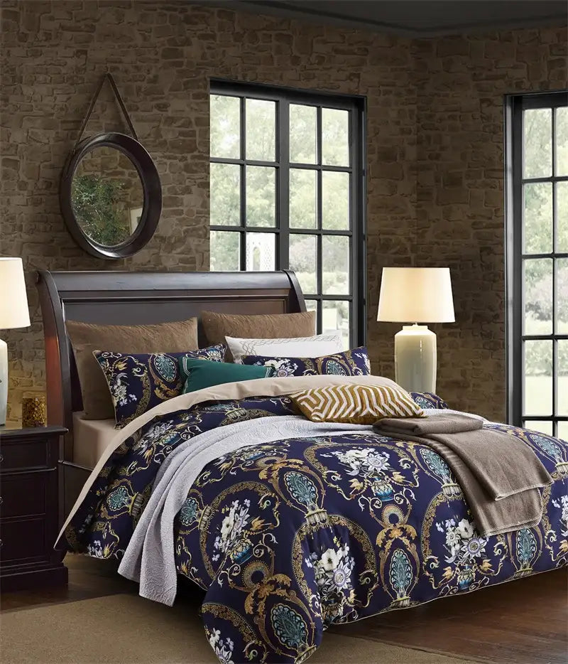 Navy blue feather egyptian cotton duvet cover set bedroom bedding