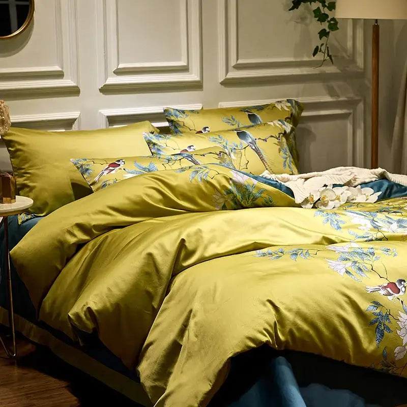 Luxury dark gray egyptian cotton hummingbird duvet cover bedroom set
