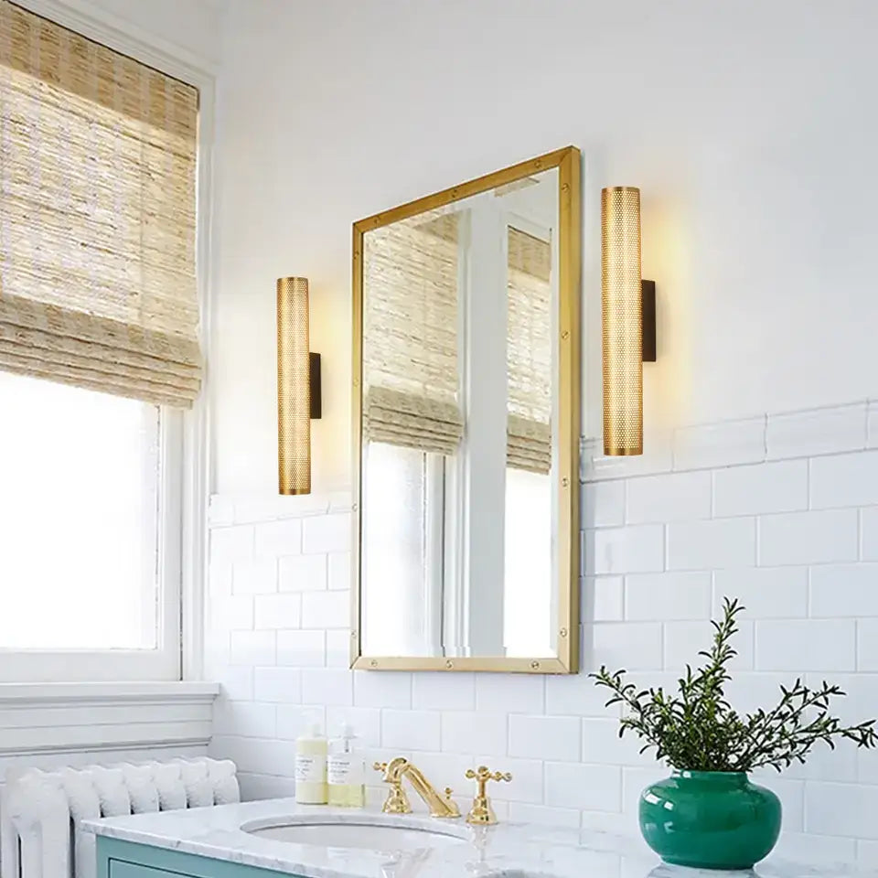 Luxury perforated gold wall sconce bedroom cylindrical light