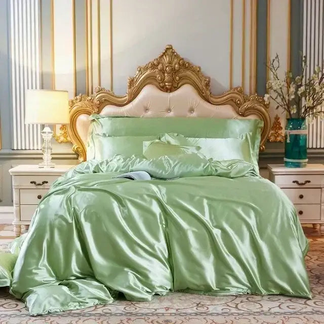 Luxury emerald green satin bedding set with fitted sheet bedroom