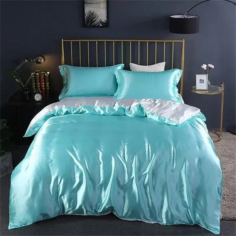 Luxury emerald green satin bedding set with fitted sheet bedroom