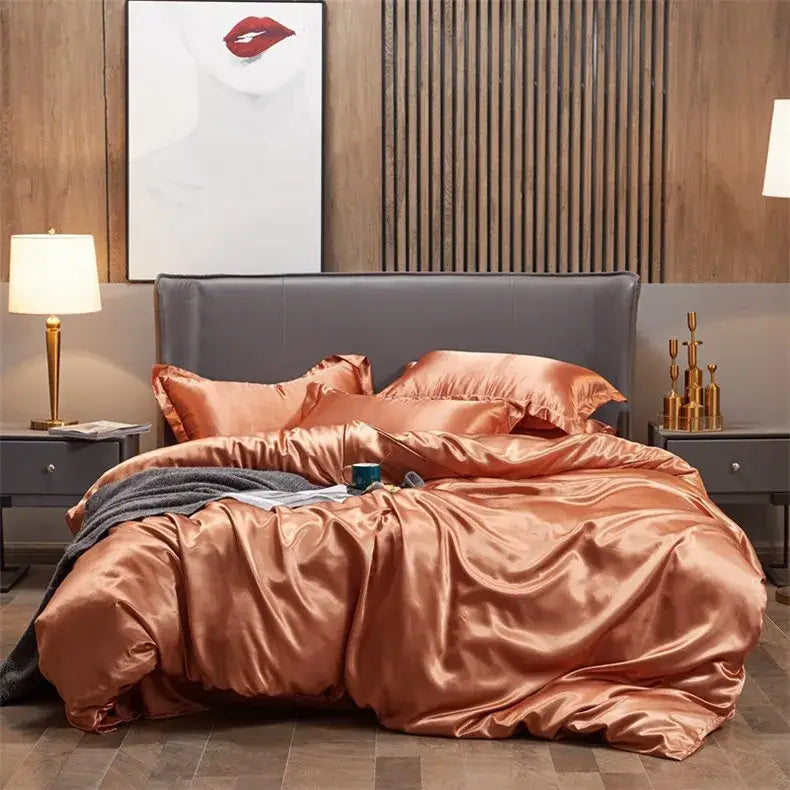 Luxury peach & dark gray rayon satin 3pc duvet cover bedroom set