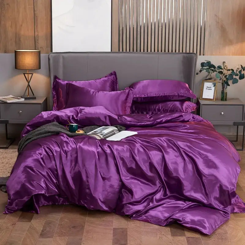 Luxury pink satin solid color bedding set with duvet cover for bedroom