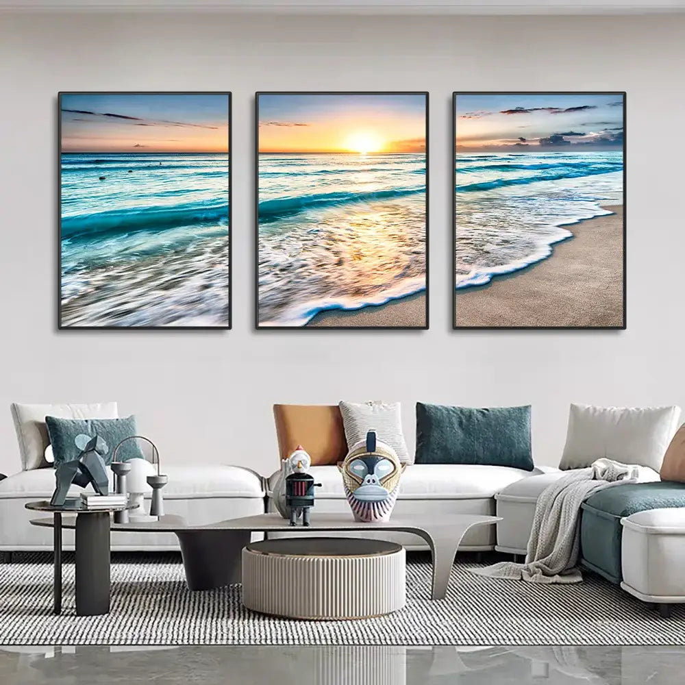 Modern beach sunset canvas wall art set living room decor