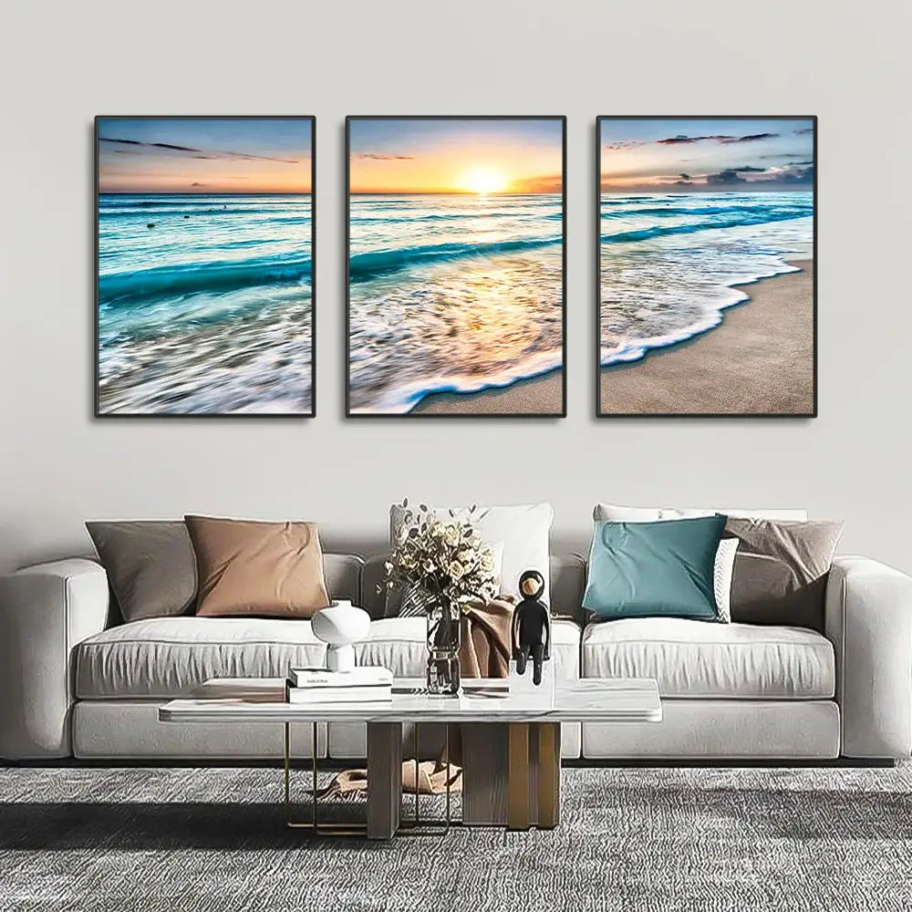 Modern beach sunset canvas wall art set living room decor