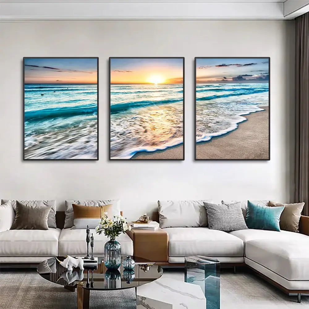 Modern beach sunset canvas wall art set living room decor