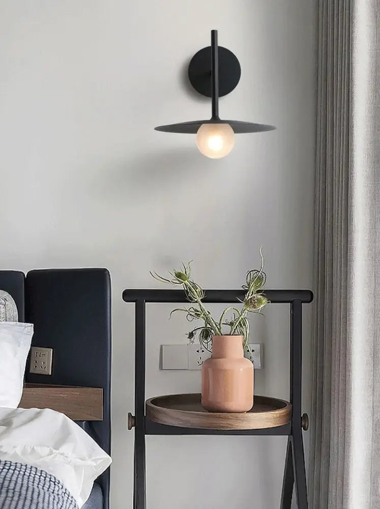 Modern matte black disc bedside wall light bedroom sconce