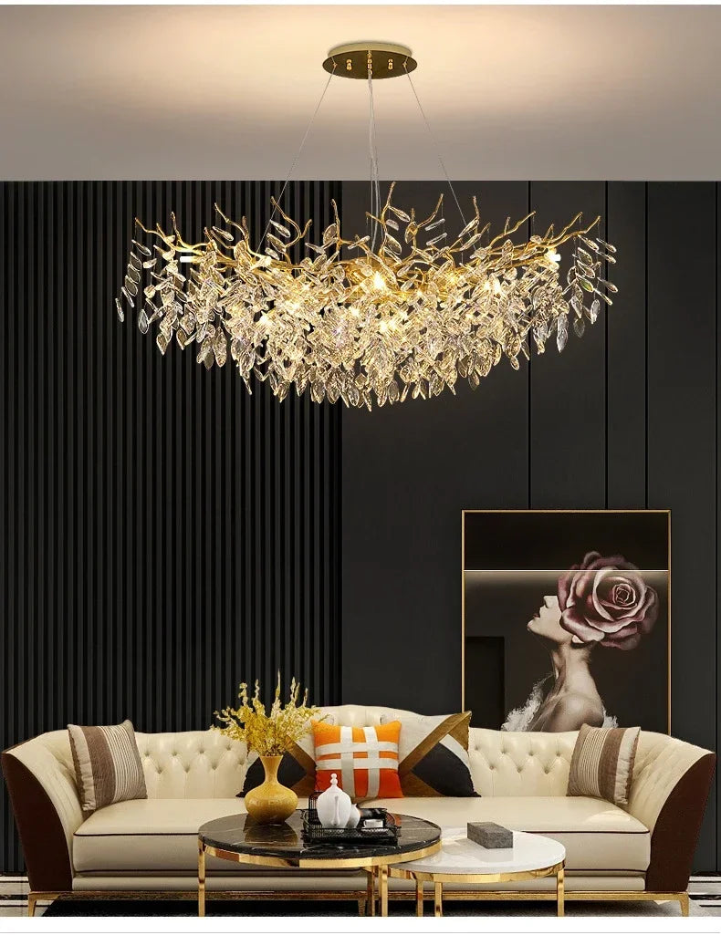 Modern golden branch crystal ceiling chandelier dining room led lighting