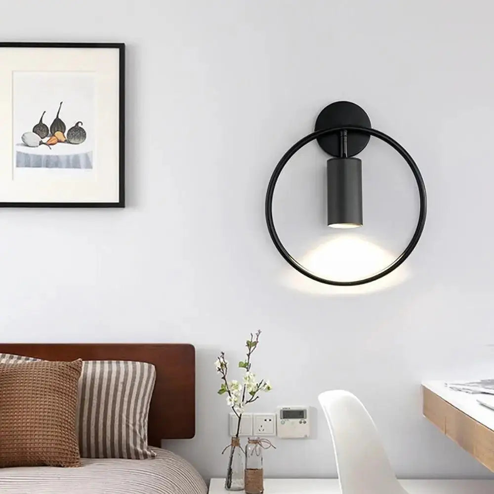 Modern black & gold circular wall sconce bedroom lamp