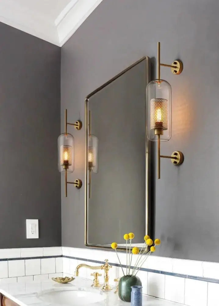 Modern moroccan brass and amber glass wall sconce bathroom light