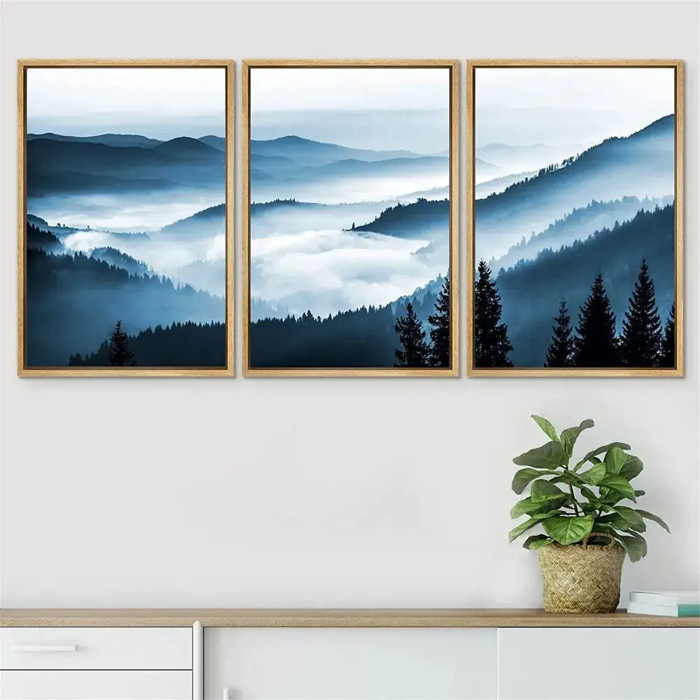 Misty blue & gray forest landscape canvas print set bedroom wall art