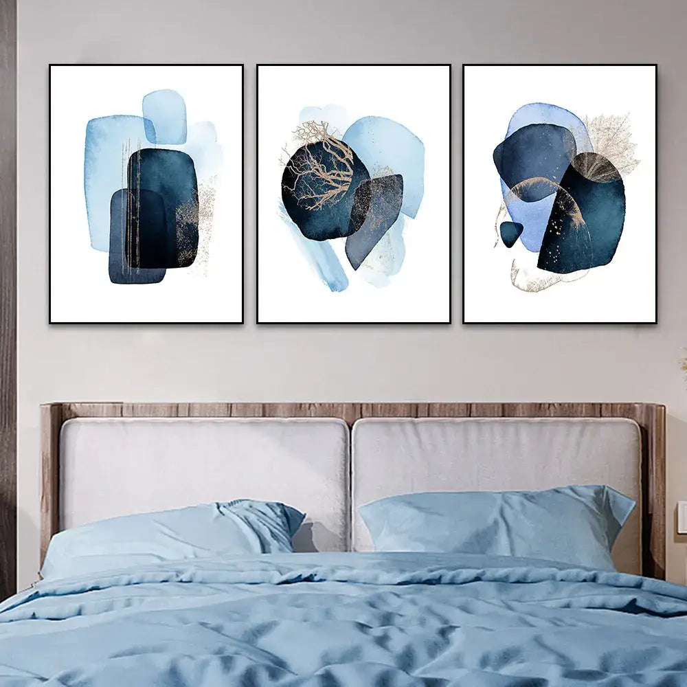 Abstract navy blue geometric wall art set – living room decor
