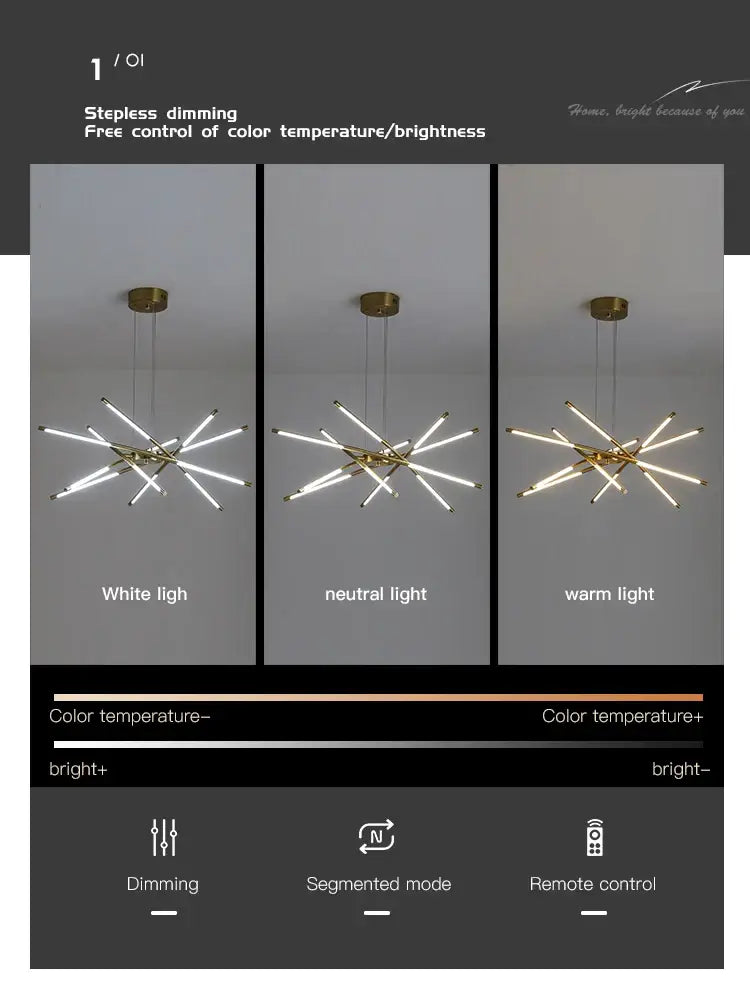 Modern gold led chandelier with remote control for dining room