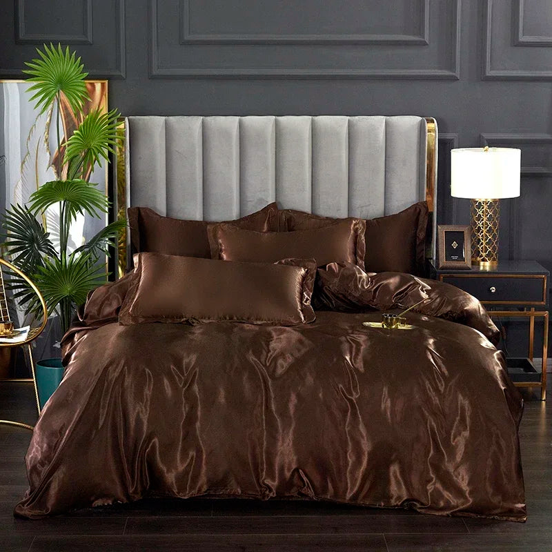 Teal satin bed sheet set with matching pillowcases for bedroom