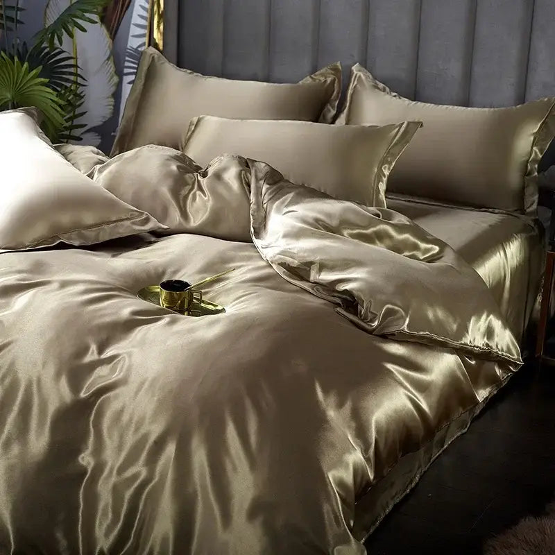 Luxury chocolate brown satin silk duvet cover bedroom bedding set