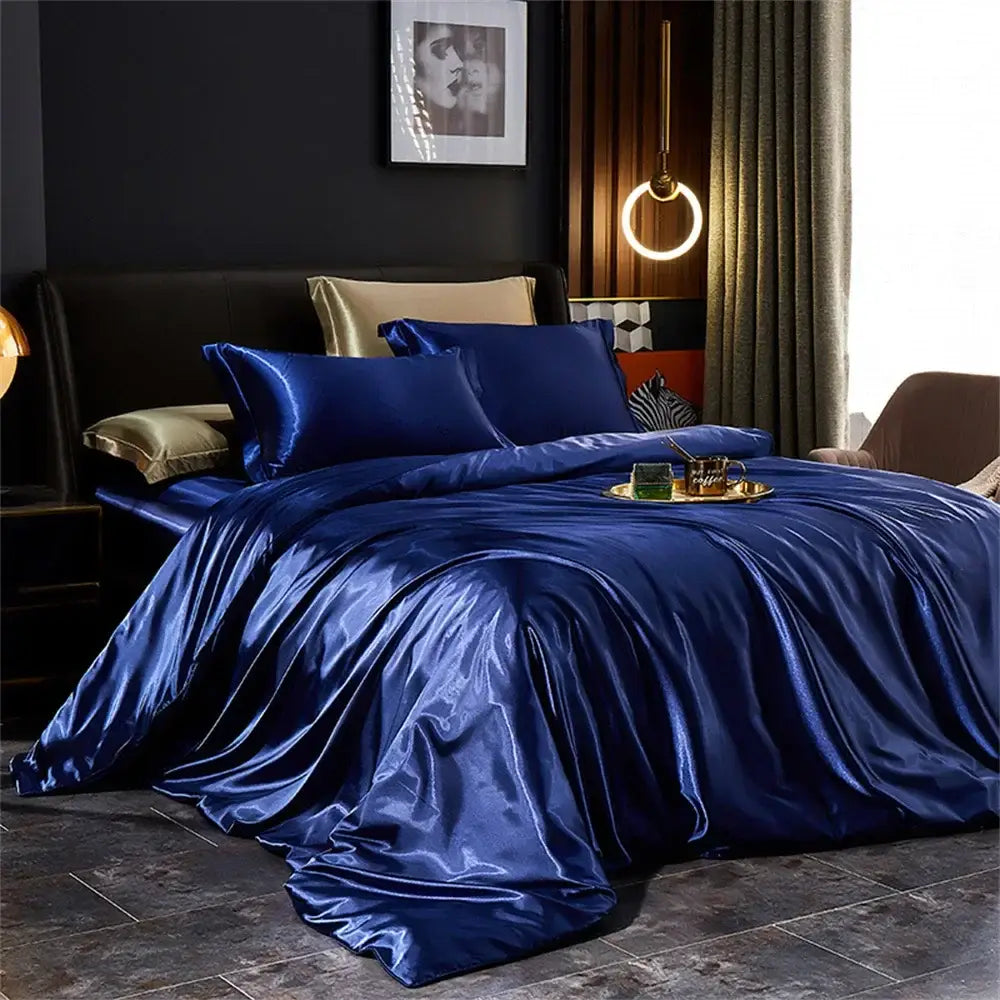 Luxury teal satin sheets and 3 pcs duvet cover bedroom bedding set
