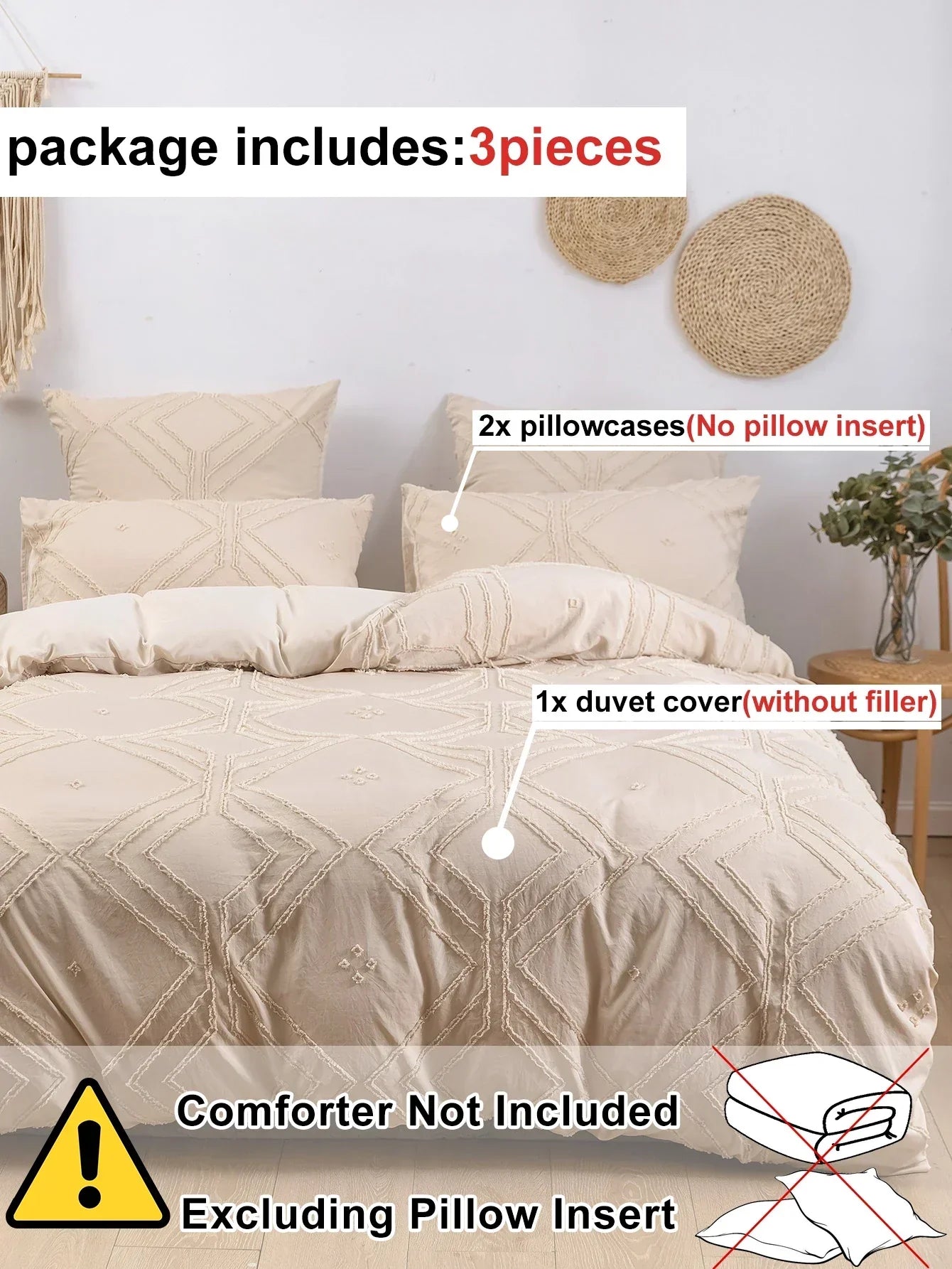 Beige quilted geometric duvet cover set bedroom frayed texture