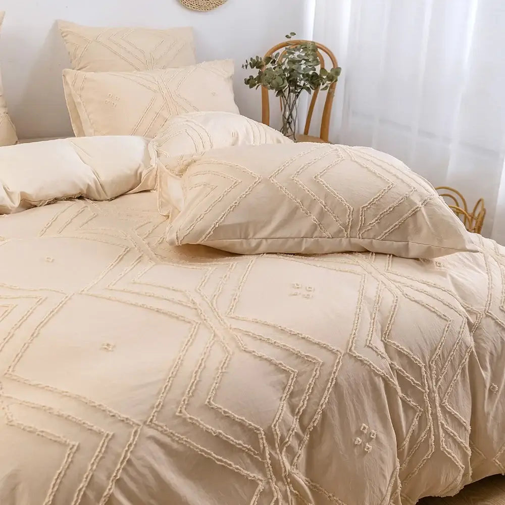 Beige quilted geometric duvet cover set bedroom frayed texture