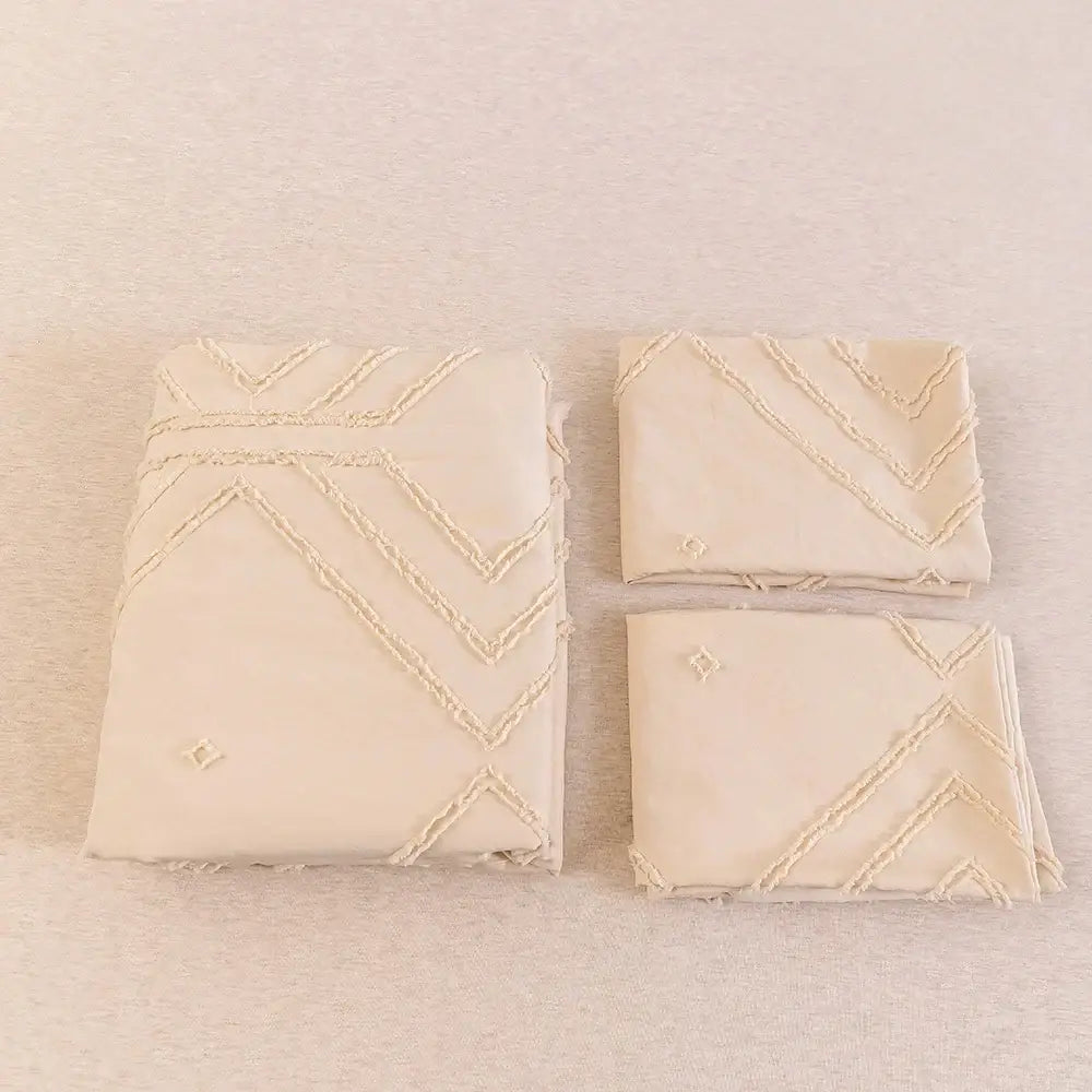 Beige quilted geometric duvet cover set bedroom frayed texture