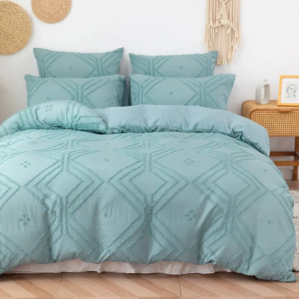 Beige quilted geometric duvet cover set bedroom frayed texture